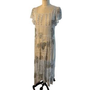 Free People Nylon Beaded Dress Floral‎ sz Medium Ivory Silver Gray EUC